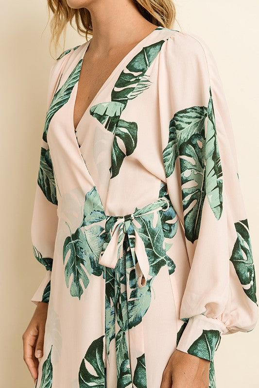 Palm print wrap fashion dress